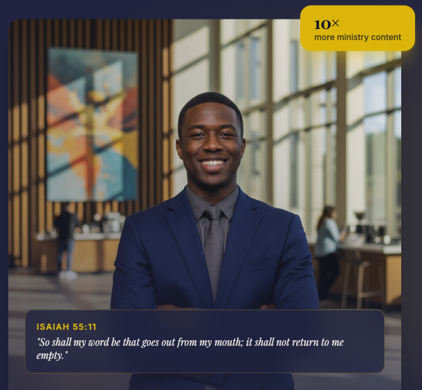 A young pastor smiling in a modern church lobby